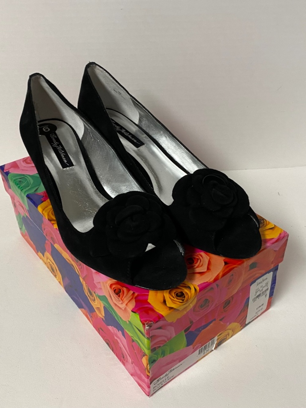 NEW! Beverly Feldman Size 9M Roselle Black Suede • Wedge Heel • Open Toe